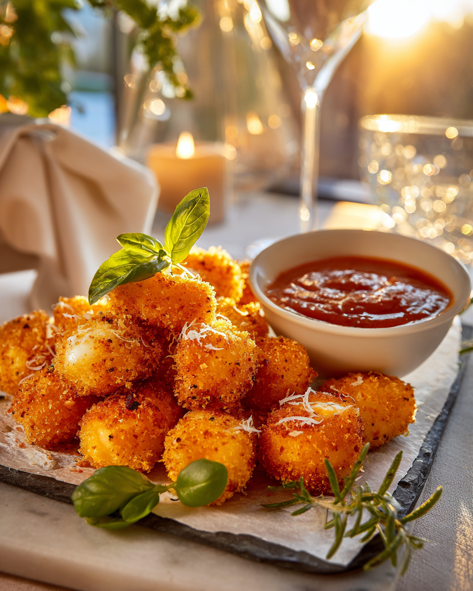 Křupavé předkrmy z horkovzdušné fritézy s mozzarellou a cuketou, ideální pro podzimní slavnosti.