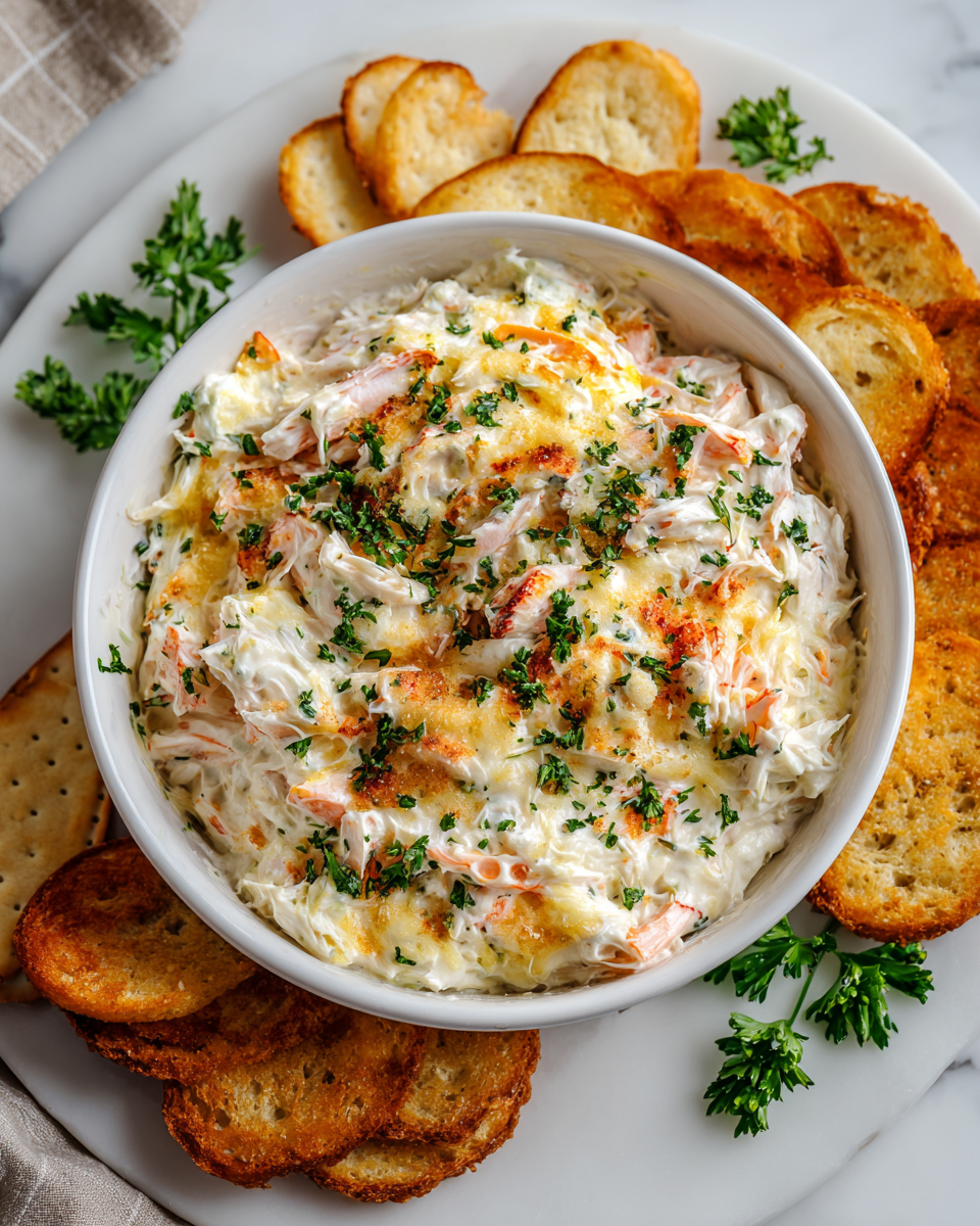 Krémový krabí dip servírovaný s krekry - ideální předkrm na večírek