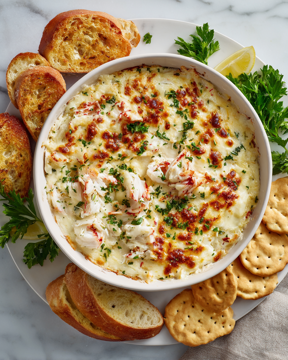 Krémový krabí dip servírovaný s krekry - ideální předkrm na večírek