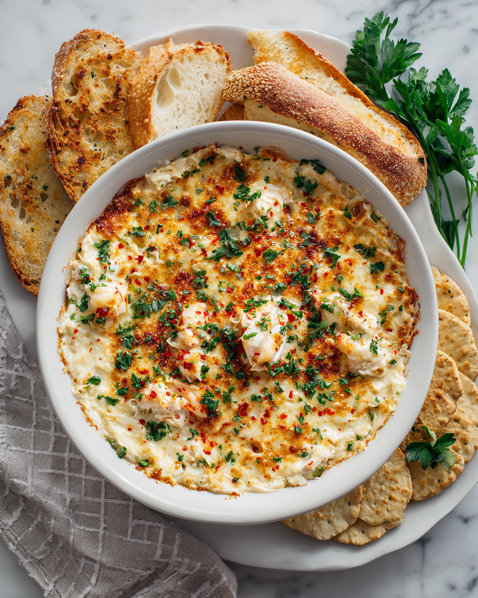 Krémový krabí dip servírovaný s krekry - ideální předkrm na večírek