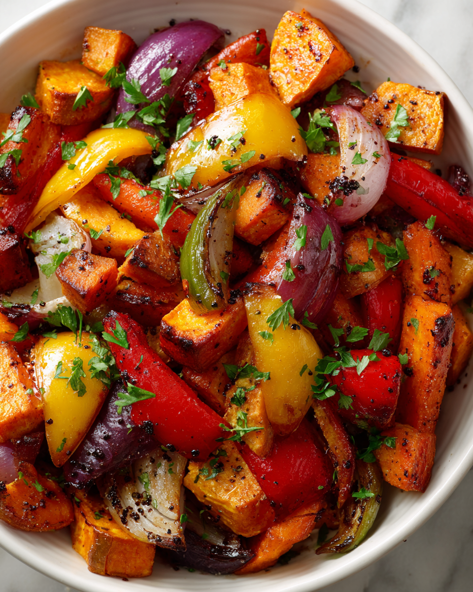 Osvěžující pečená zeleninová medley, perfektní na vánoční potluck s chutnou sezónní zeleninou.