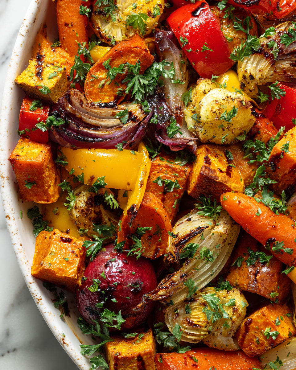 Osvěžující pečená zeleninová medley, perfektní na vánoční potluck s chutnou sezónní zeleninou.