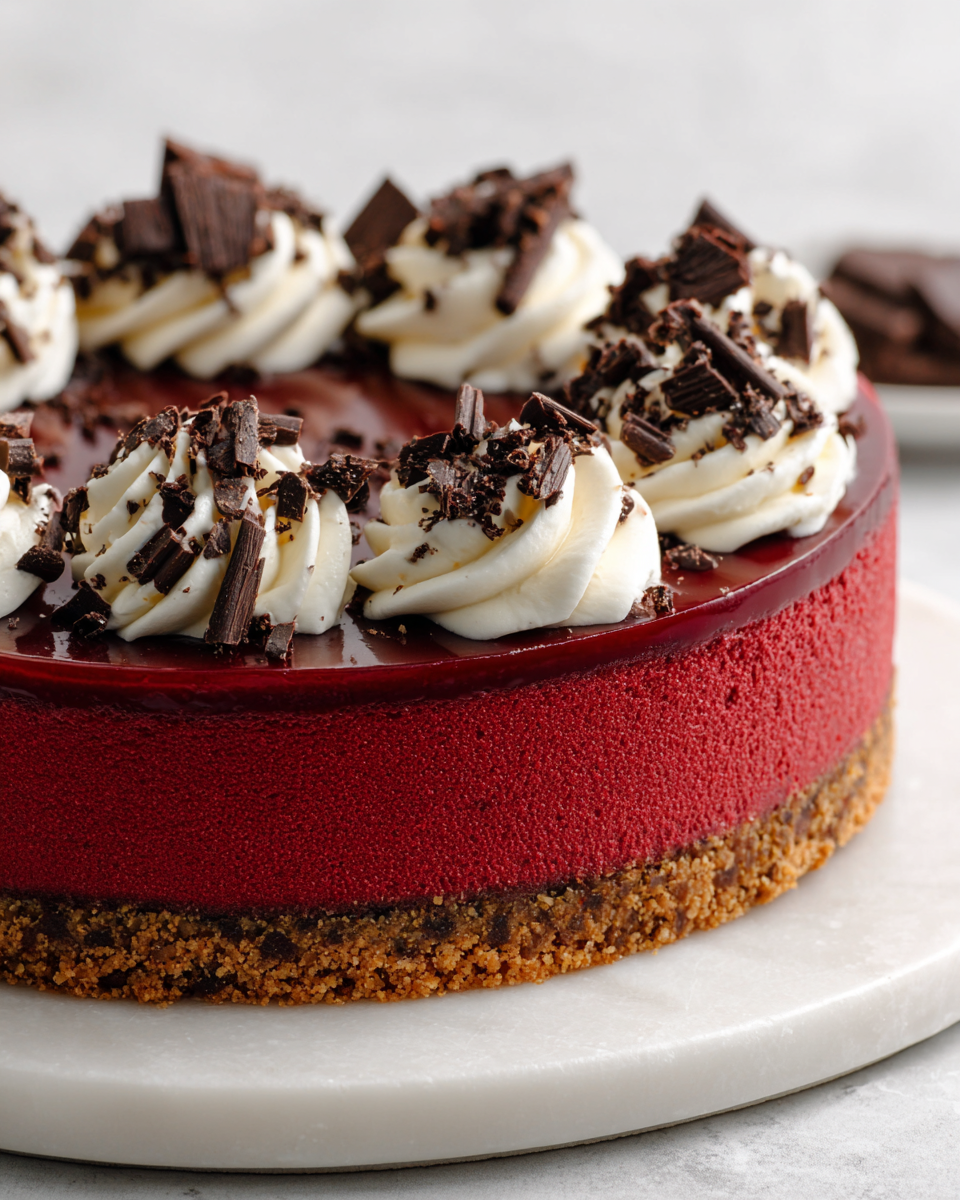 Jednoduchý červený sametový cheesecake bez pečení, ideální pro sváteční chvíle.