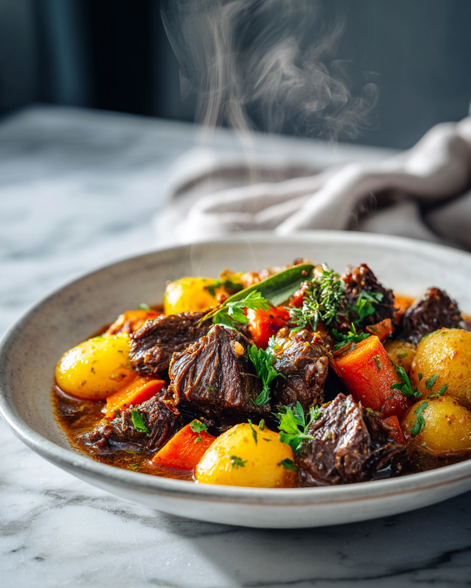 Pomalu vařený hovězí guláš z kousků hovězího masa s bramborami a mrkví, ideální na vánoční stůl.