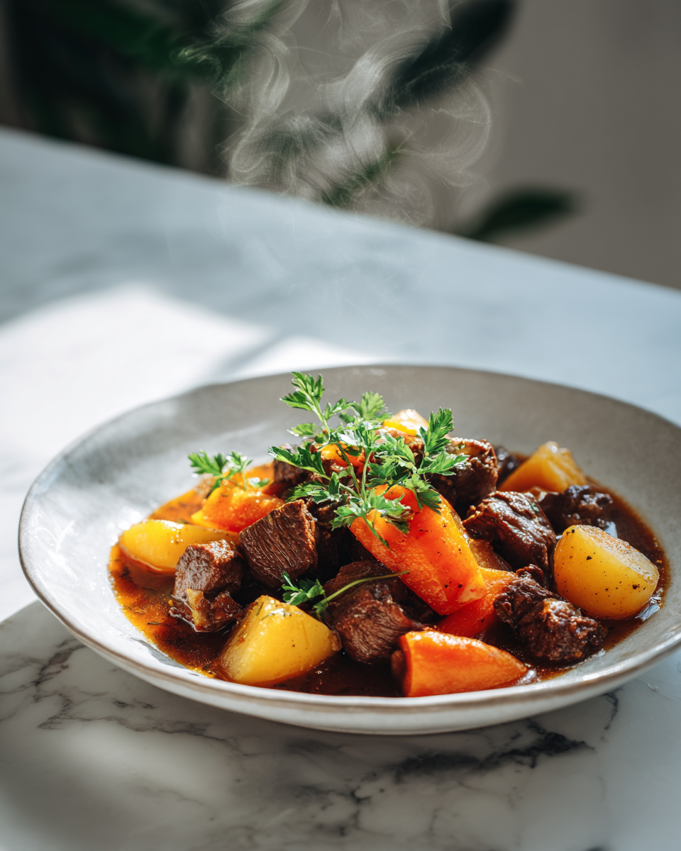 Pomalu vařený hovězí guláš z kousků hovězího masa s bramborami a mrkví, ideální na vánoční stůl.