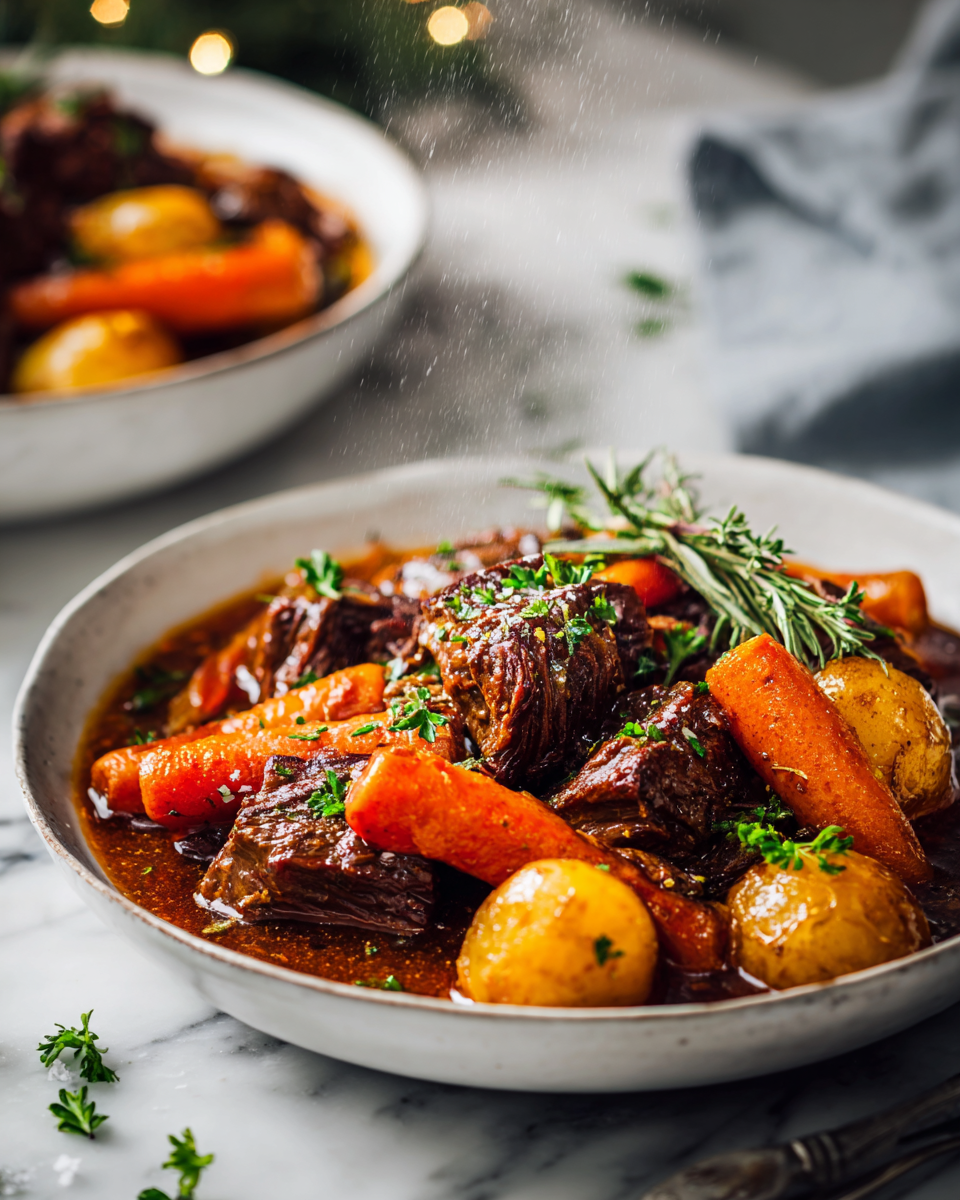 Pomalu vařený hovězí guláš z kousků hovězího masa s bramborami a mrkví, ideální na vánoční stůl.