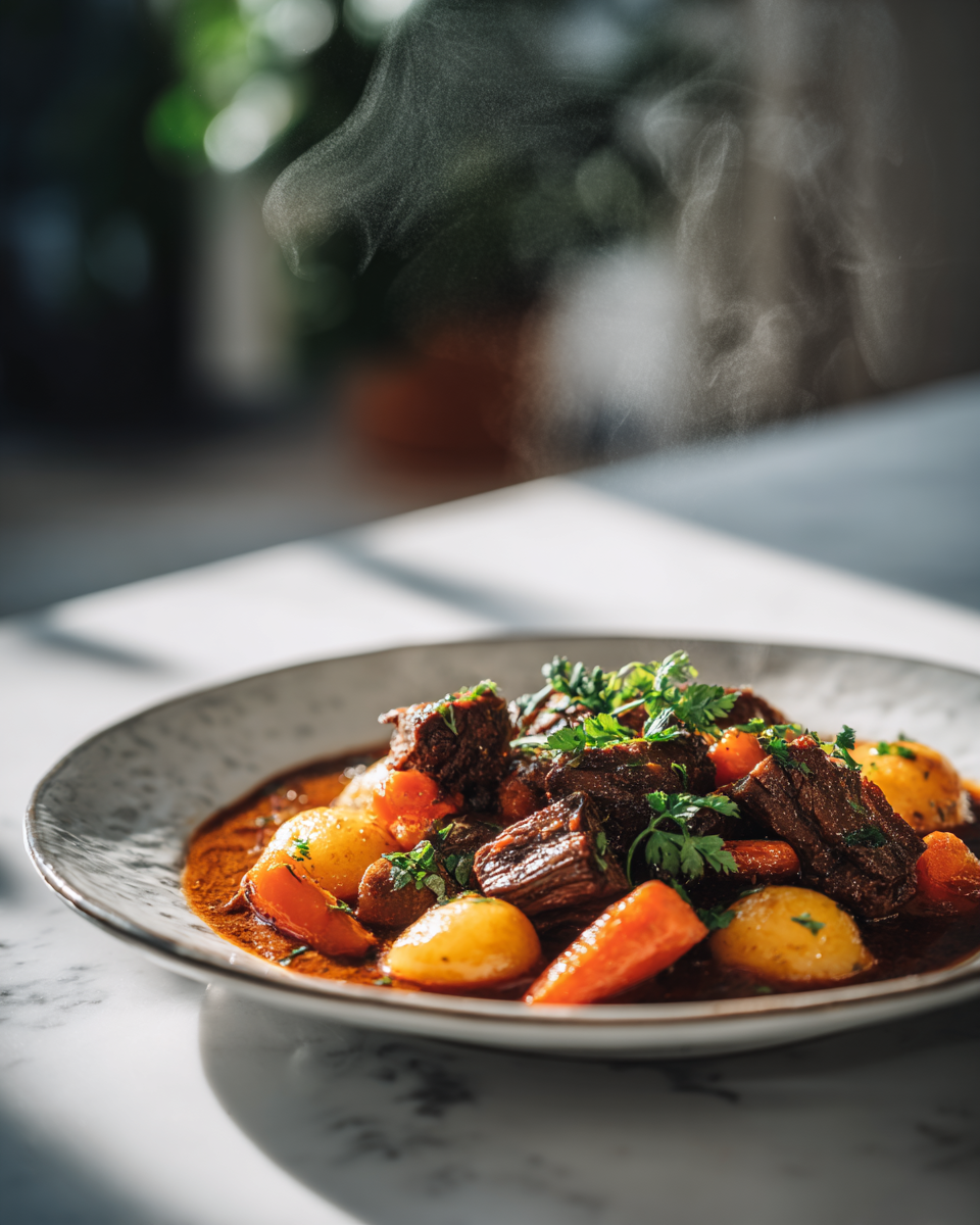 Pomalu vařený hovězí guláš z kousků hovězího masa s bramborami a mrkví, ideální na vánoční stůl.