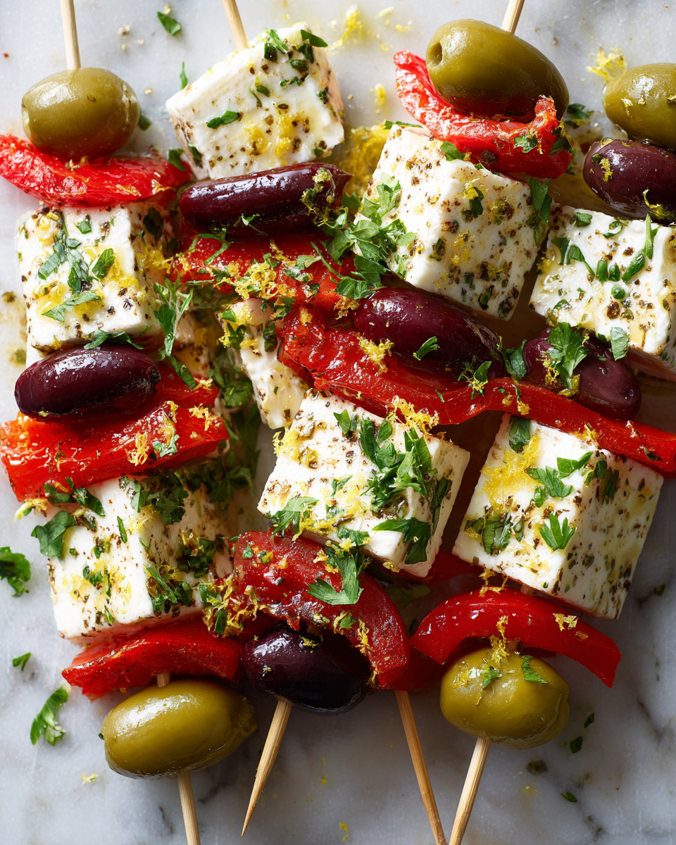 Rychlé a chutné jednohubky s feta sýrem, olivami a paprikou, ideální recept na silvestrovský večírek.