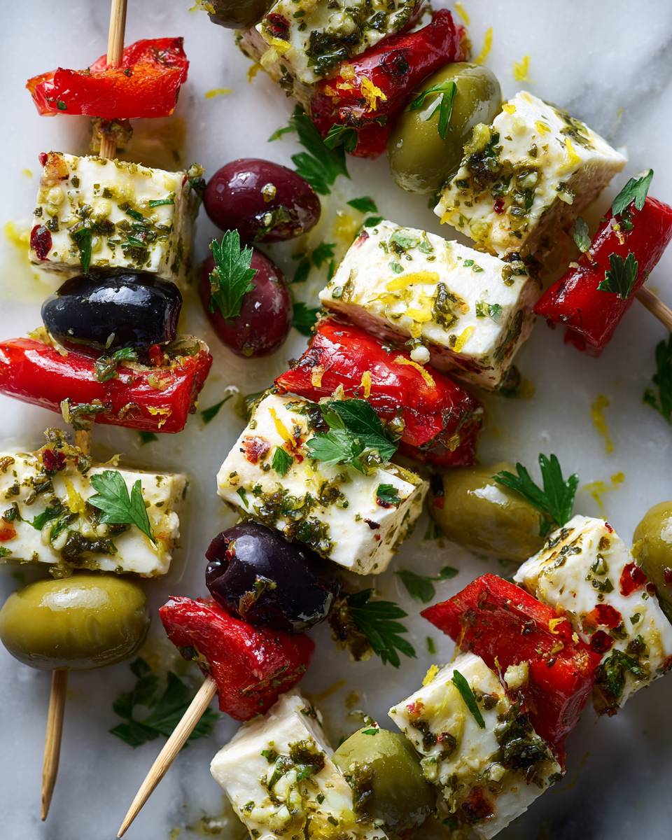 Rychlé a chutné jednohubky s feta sýrem, olivami a paprikou, ideální recept na silvestrovský večírek.