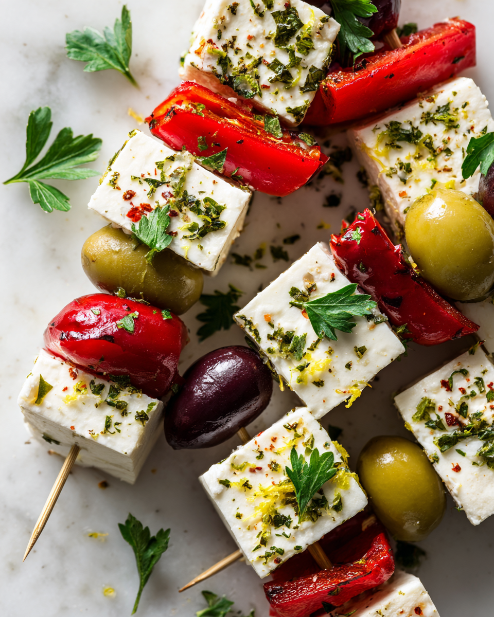 Rychlé a chutné jednohubky s feta sýrem, olivami a paprikou, ideální recept na silvestrovský večírek.