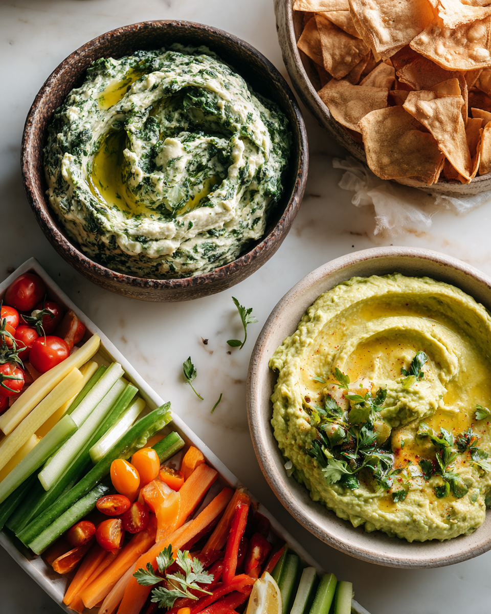 Rychlé a chutné dipy: krémový špenátový dip, klasický hummus a guacamole, perfektní pro snacking či párty.