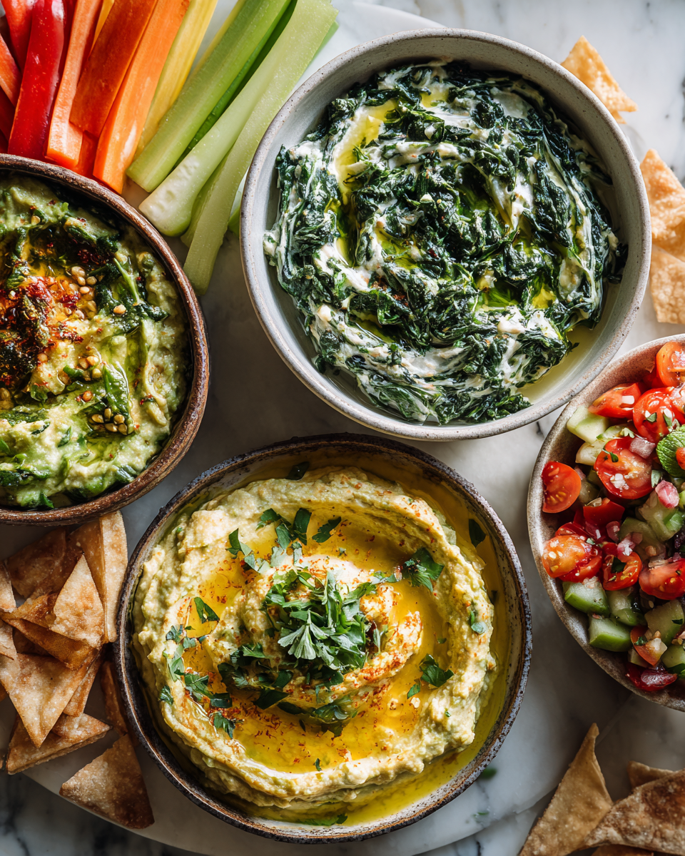 Rychlé a chutné dipy: krémový špenátový dip, klasický hummus a guacamole, perfektní pro snacking či párty.
