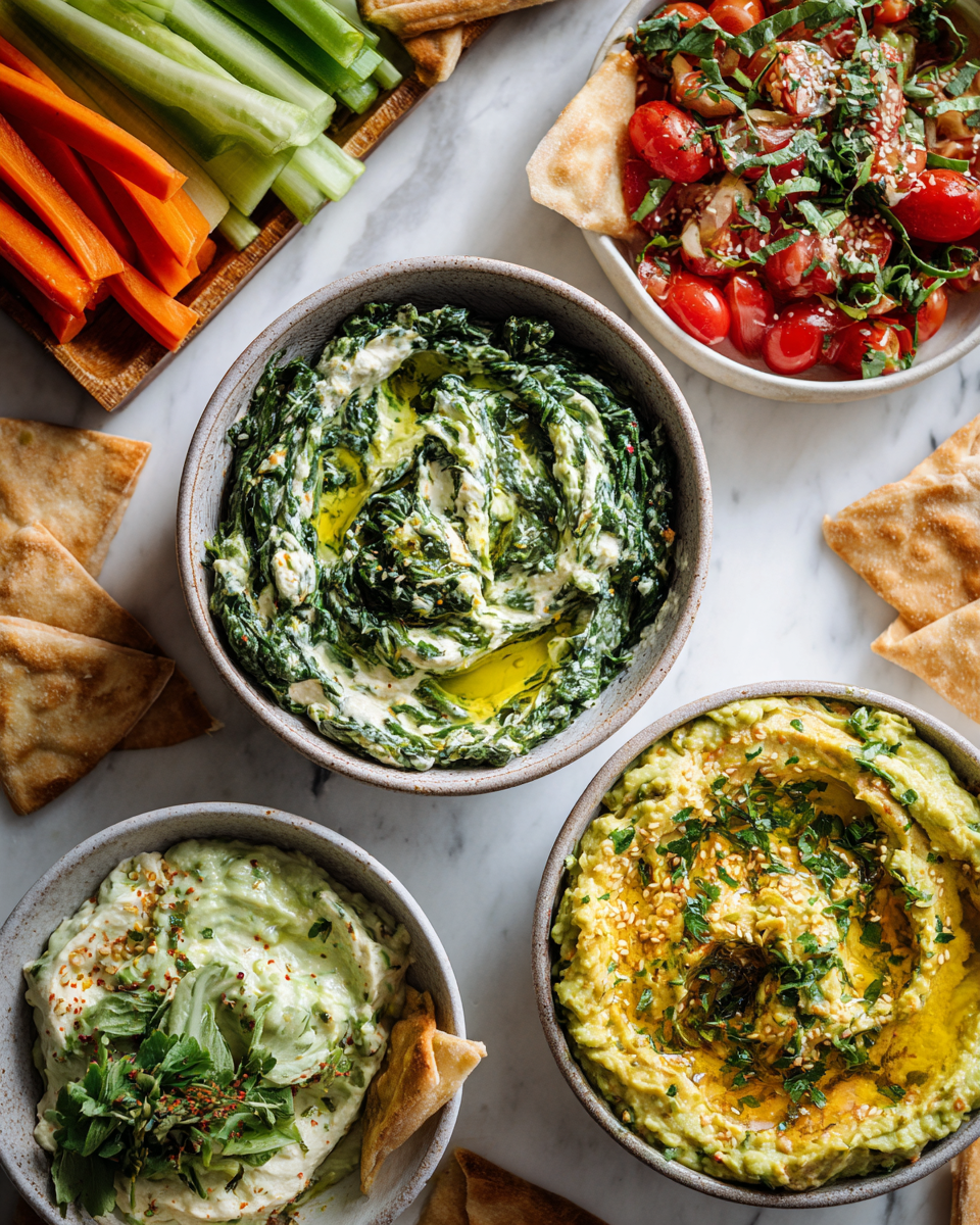 Rychlé a chutné dipy: krémový špenátový dip, klasický hummus a guacamole, perfektní pro snacking či párty.