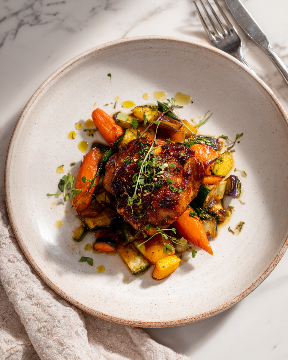 Rychlá večeře pro rodinu připravená v horkovzdušné fritéze s čerstvou zeleninou a křupavým masem.