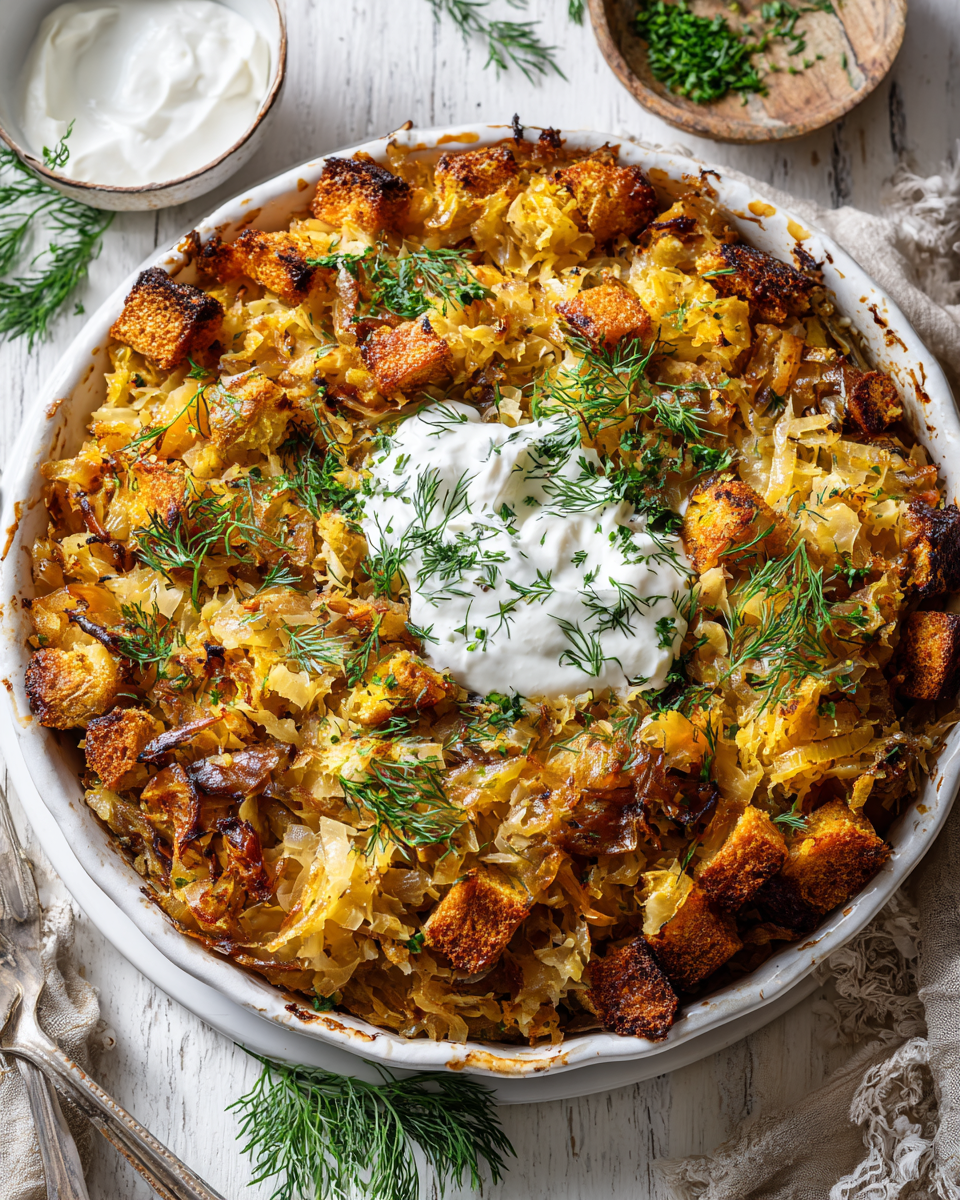 Vintage novoroční přílohy s kysaným zelím, domácím chlebem a smetanou