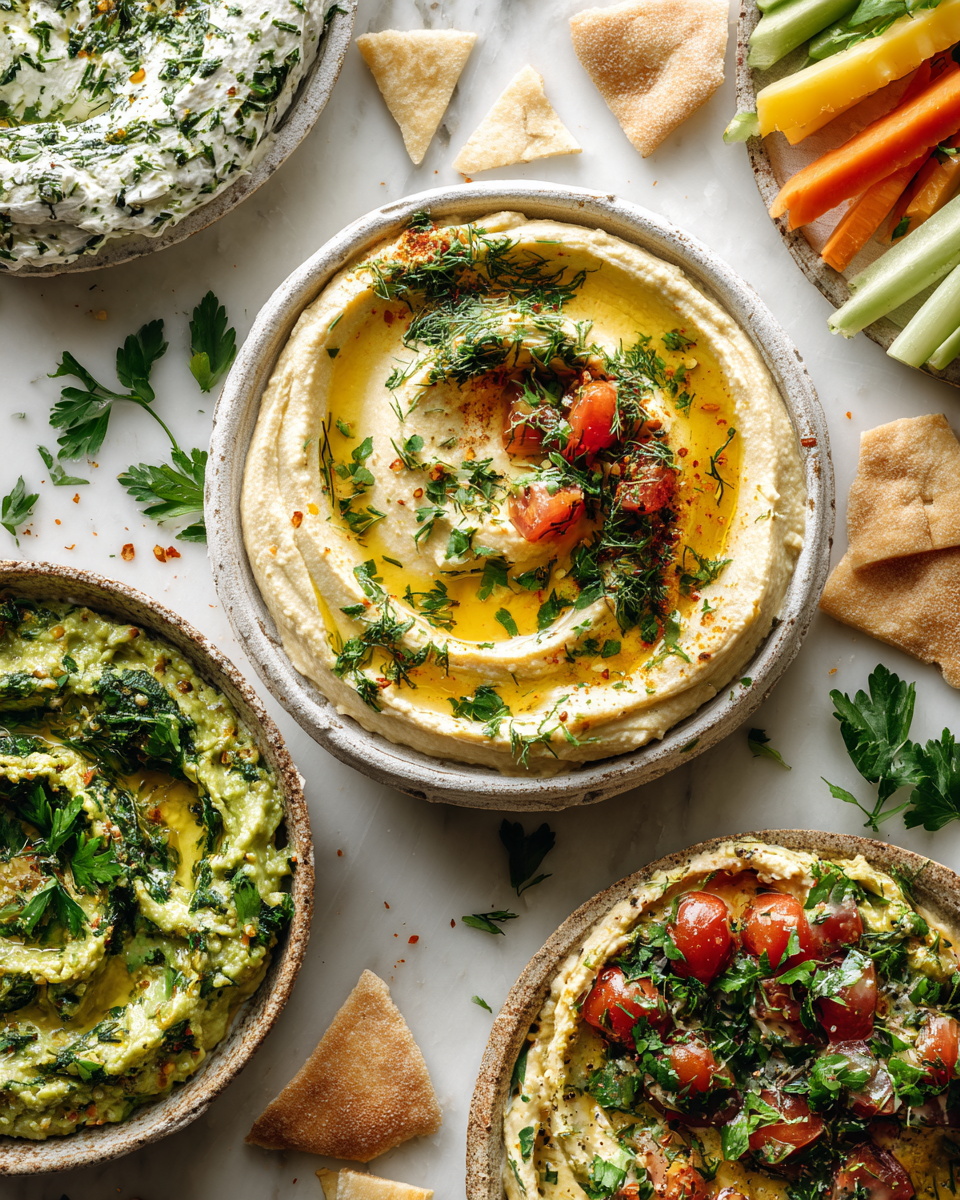 Rychlé a snadné dipy jako hummus, guacamole a bylinkový krémový sýr, perfektní pro oslavy a večírky.