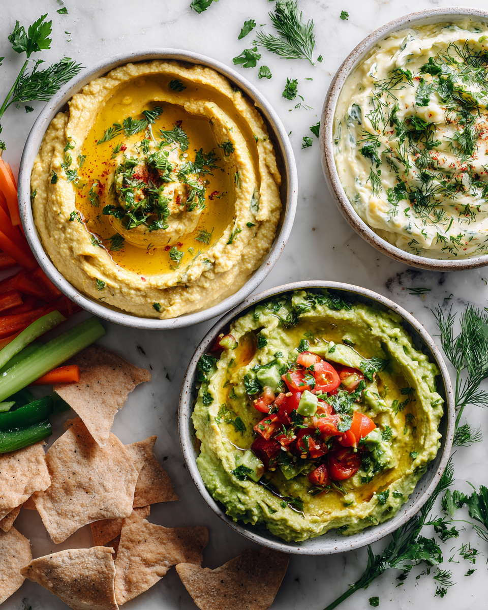Rychlé a snadné dipy jako hummus, guacamole a bylinkový krémový sýr, perfektní pro oslavy a večírky.