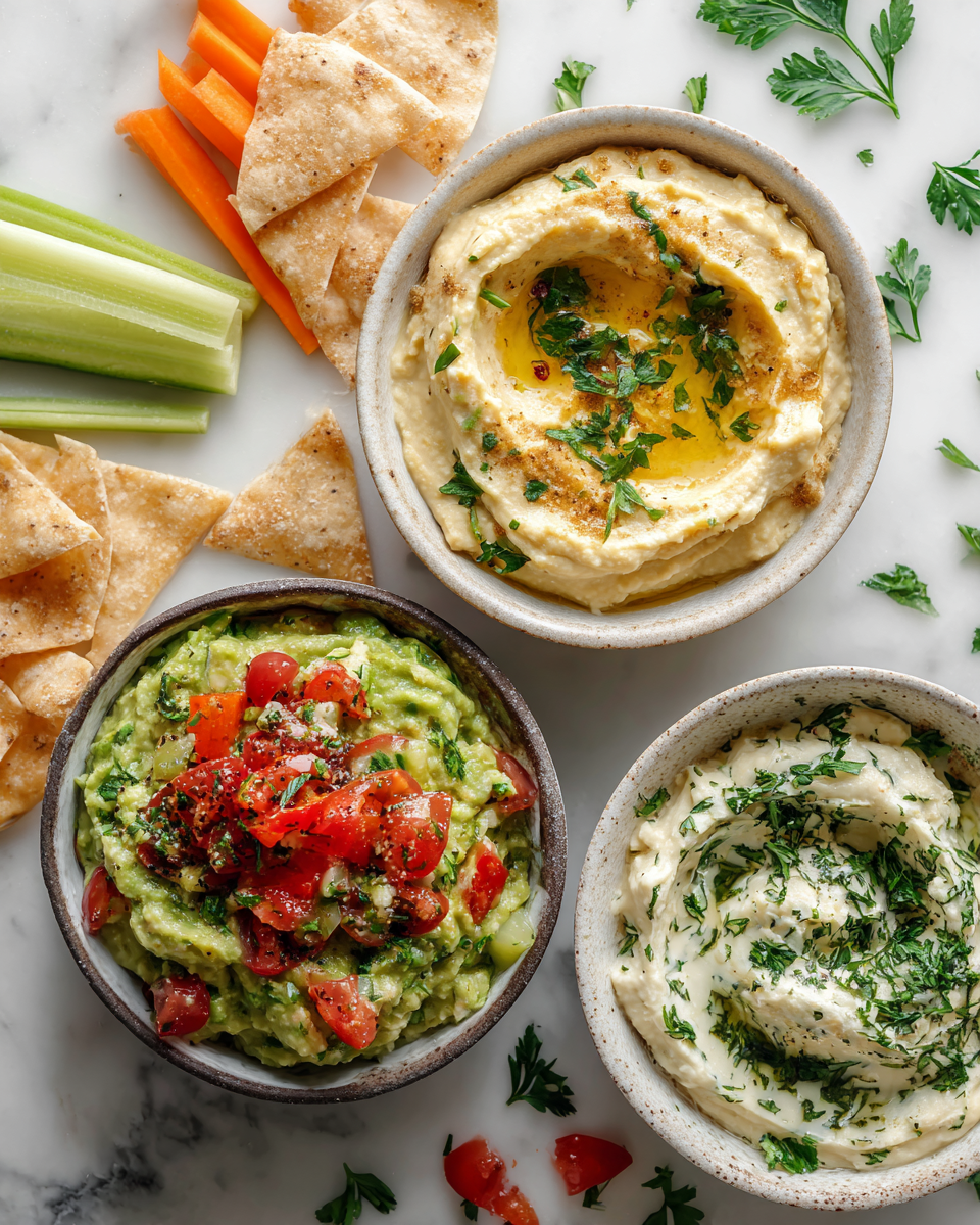 Rychlé a snadné dipy jako hummus, guacamole a bylinkový krémový sýr, perfektní pro oslavy a večírky.