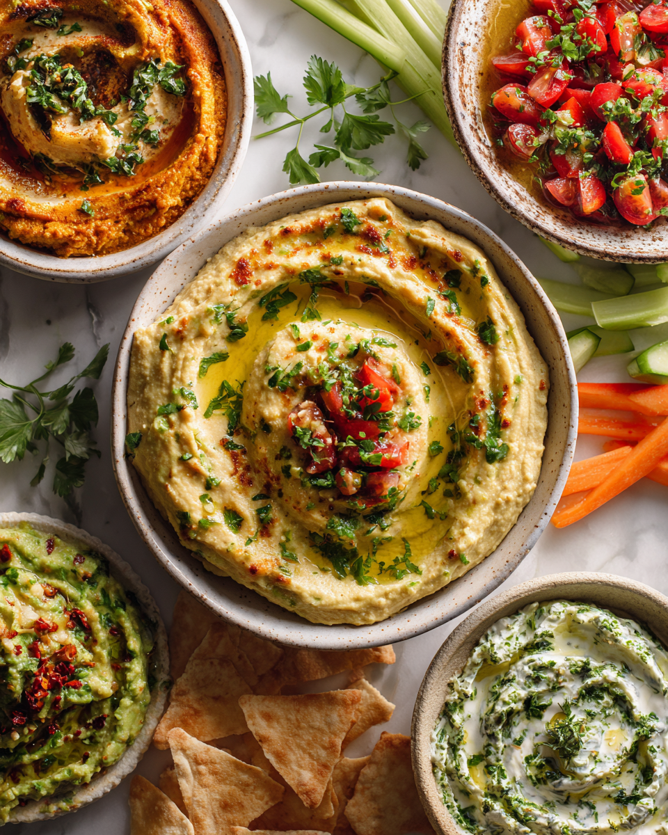Rychlé a snadné dipy jako hummus, guacamole a bylinkový krémový sýr, perfektní pro oslavy a večírky.