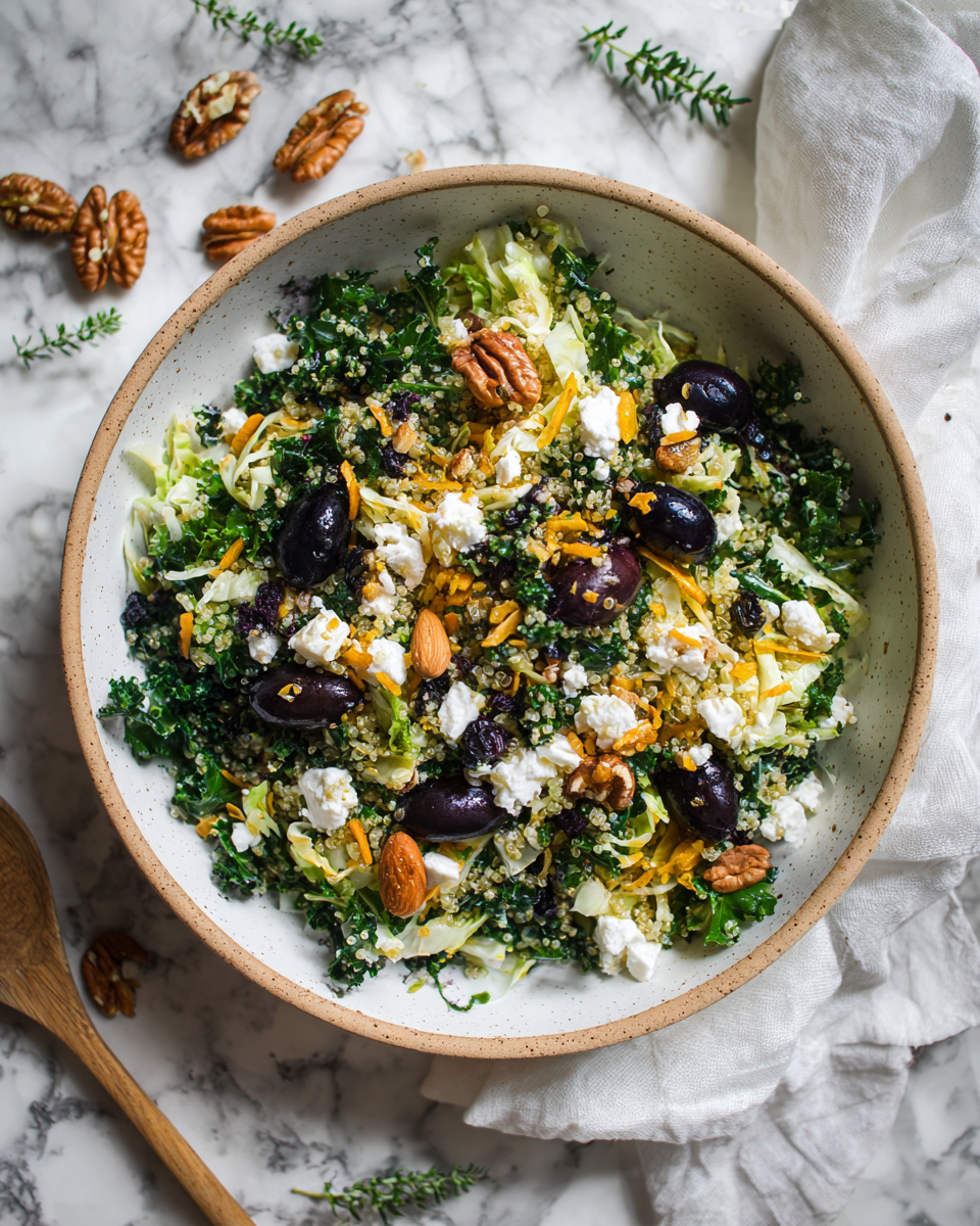 Barevný a zdravý festivalní salát z kapusty a quinoi, ideální pro rodinné oslavy, bohatý na bílkoviny a živiny.