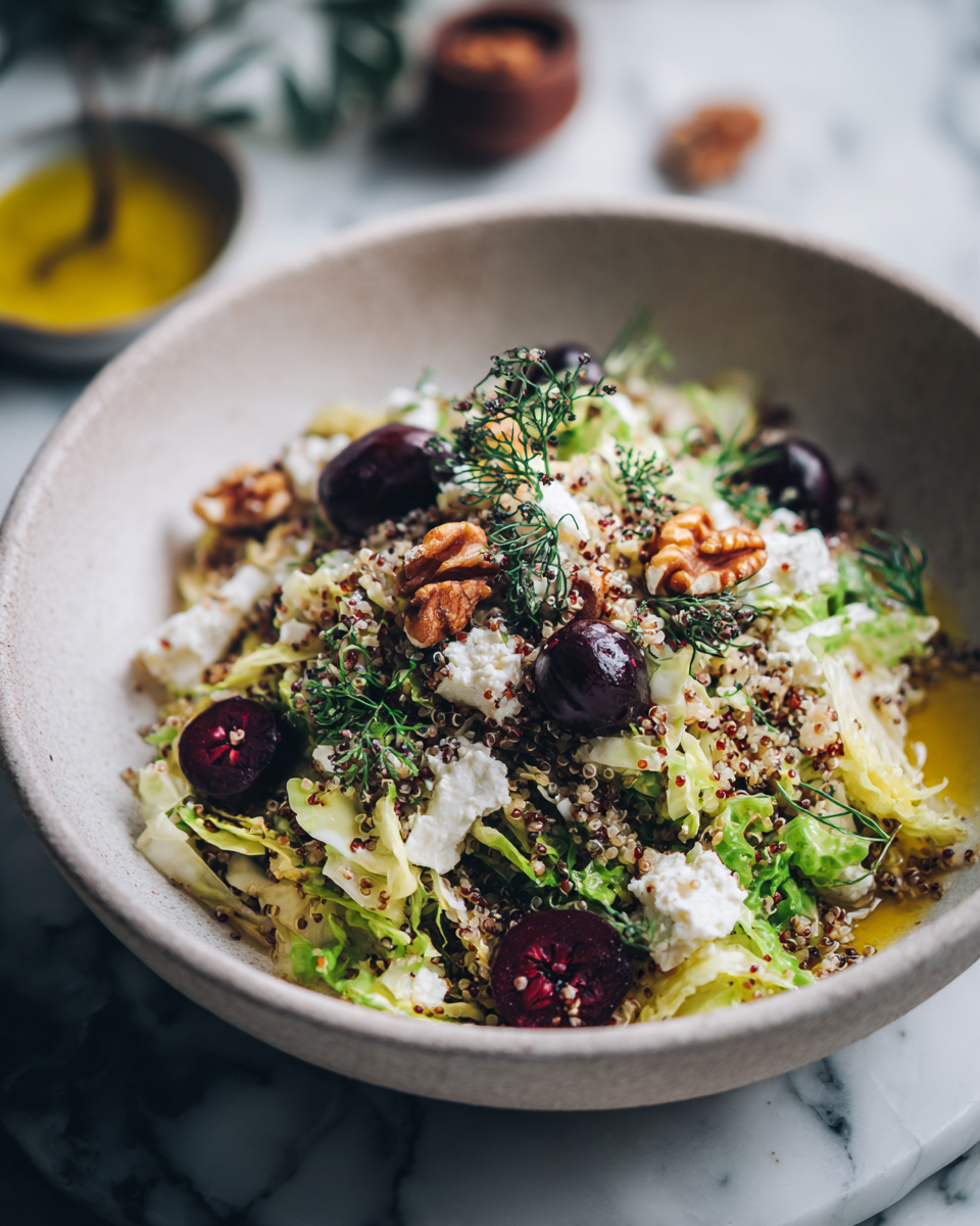 Barevný a zdravý festivalní salát z kapusty a quinoi, ideální pro rodinné oslavy, bohatý na bílkoviny a živiny.