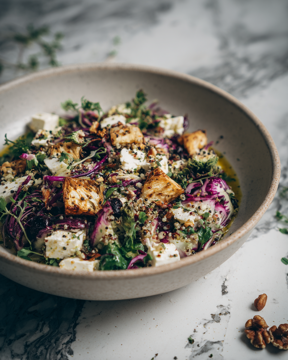 Barevný a zdravý festivalní salát z kapusty a quinoi, ideální pro rodinné oslavy, bohatý na bílkoviny a živiny.