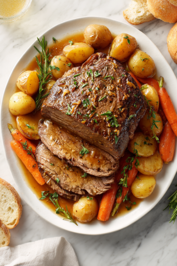 Šťavnatý hovězí roast vařený v Instant Potu pro rychlou přípravu svátečního jídla se zeleninou.