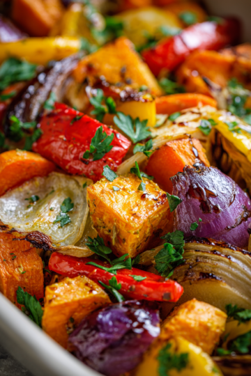 Osvěžující pečená zeleninová medley, perfektní na vánoční potluck s chutnou sezónní zeleninou.