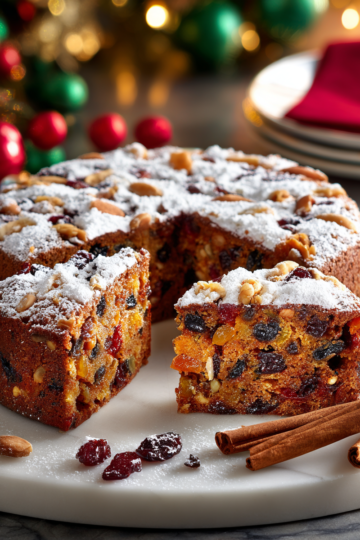 Delikátní vánoční dort s ořechy a sušeným ovocem, ideální pro sváteční příležitosti.