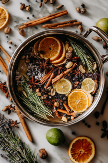 Vánoční potpourri s kořením jako skořice a hřebíček pro útulný domov