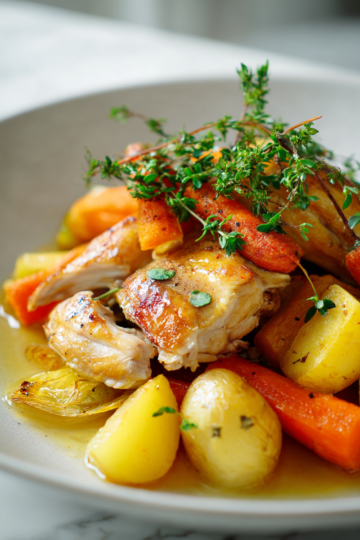 Pomalé vaření kuřecích stehen s bylinkami a zeleninou připravené v pomalém hrnci.