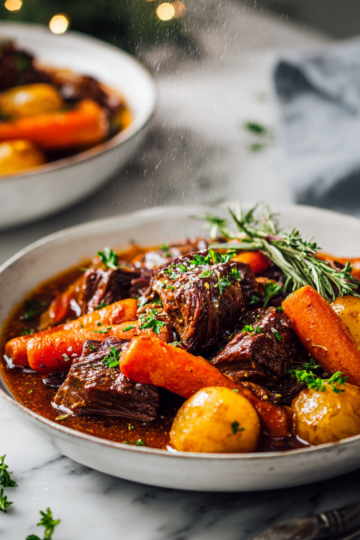 Pomalu vařený hovězí guláš z kousků hovězího masa s bramborami a mrkví, ideální na vánoční stůl.