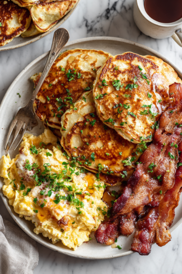 Lahodné palačinky se slaninou a míchanými vejci podávané při svíčkách.