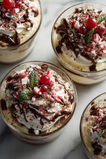 Lahodné vánoční dezerty s Cool Whip a pudinkem prezentované v elegantní skleněné míse.