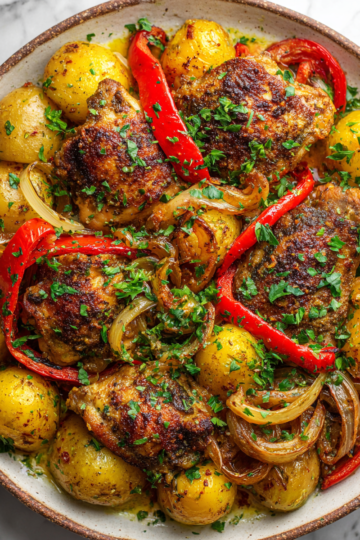 Rychlé a chutné pečené kuře s bramborami a zeleninou, ideální na rodinné večeře, zdravé a snadné vaření v jednom plechu.