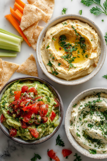 Rychlé a snadné dipy jako hummus, guacamole a bylinkový krémový sýr, perfektní pro oslavy a večírky.