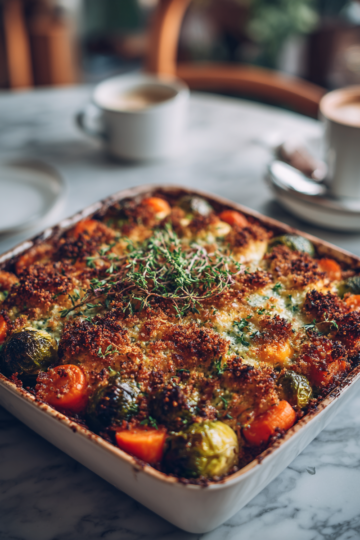 Vánoční zbytky upečené v troubě s použitím čerstvých zeleninových ingrediencí a bylinek.