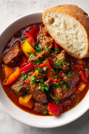 Rychlý a chutný goulash vařený v Instant Potu, ideální pro rodinné večeře.