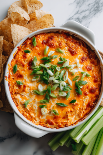 Buffalo kuřecí dip s tortilovými chipsy na večírky