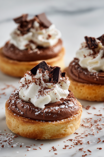 Mini Čokoládové Krémové Koláčky s šlehačkou a čokoládovými hoblinkami, skvělý dezert pro Mikuláše a Vánoce, snadný recept pro rodinné oslavy.