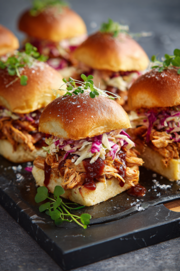 BBQ kuřecí slidery s coleslaw a nakládanými okurkami, ideální pro rodinné oslavy a podzimní oslavy.