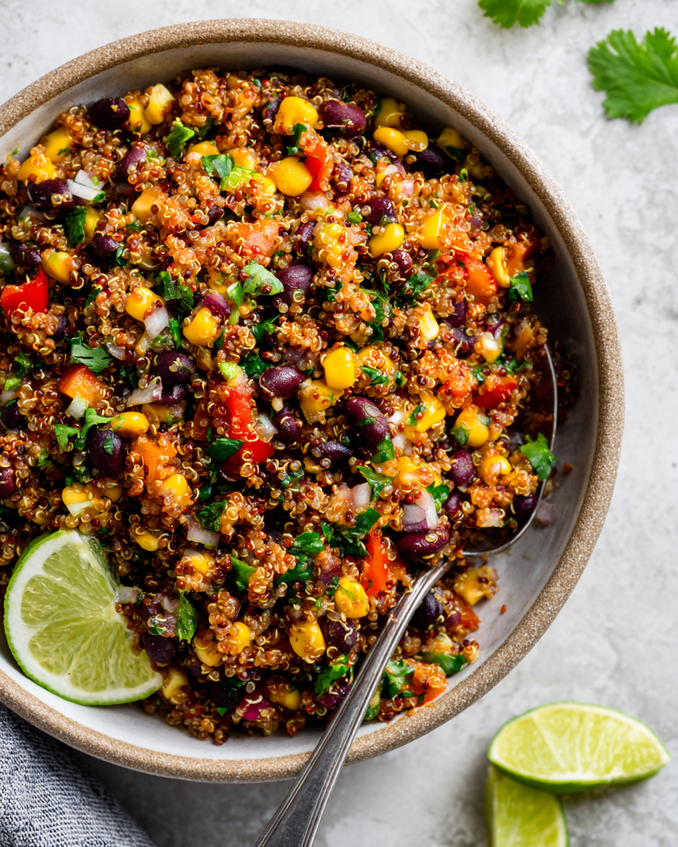 Rychlý quinoa salát s černými fazolemi a kukuřicí, perfektní na podzim, zdravý a chutný.