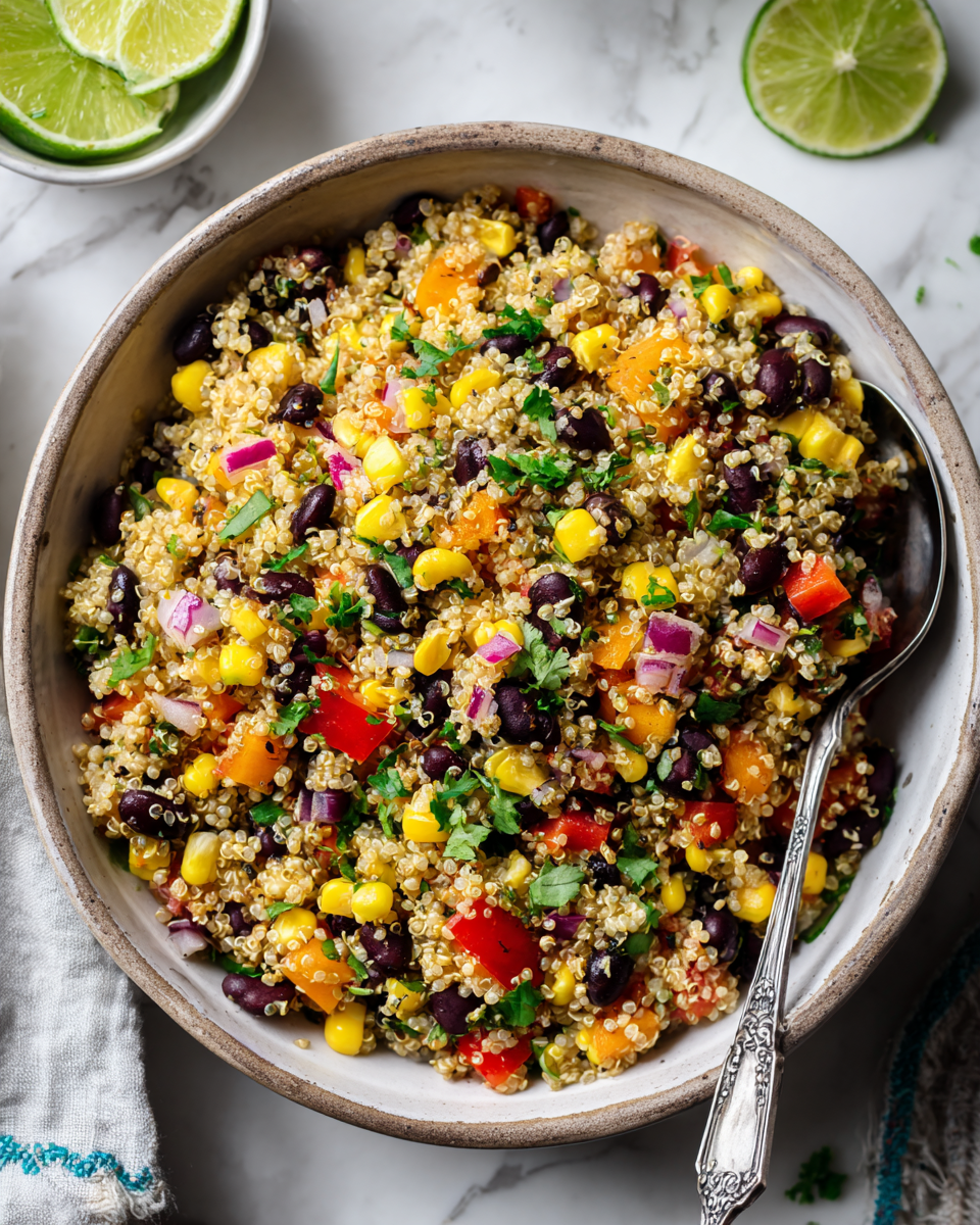 Rychlý quinoa salát s černými fazolemi a kukuřicí, perfektní na podzim, zdravý a chutný.