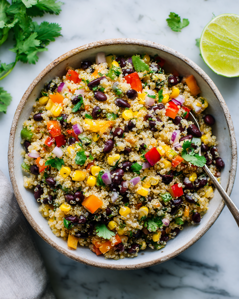 Rychlý quinoa salát s černými fazolemi a kukuřicí, perfektní na podzim, zdravý a chutný.