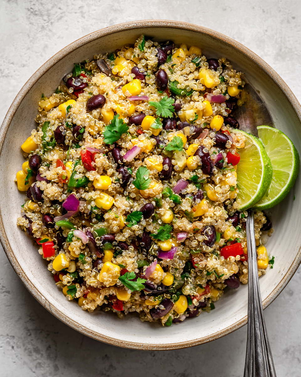 Rychlý quinoa salát s černými fazolemi a kukuřicí, perfektní na podzim, zdravý a chutný.