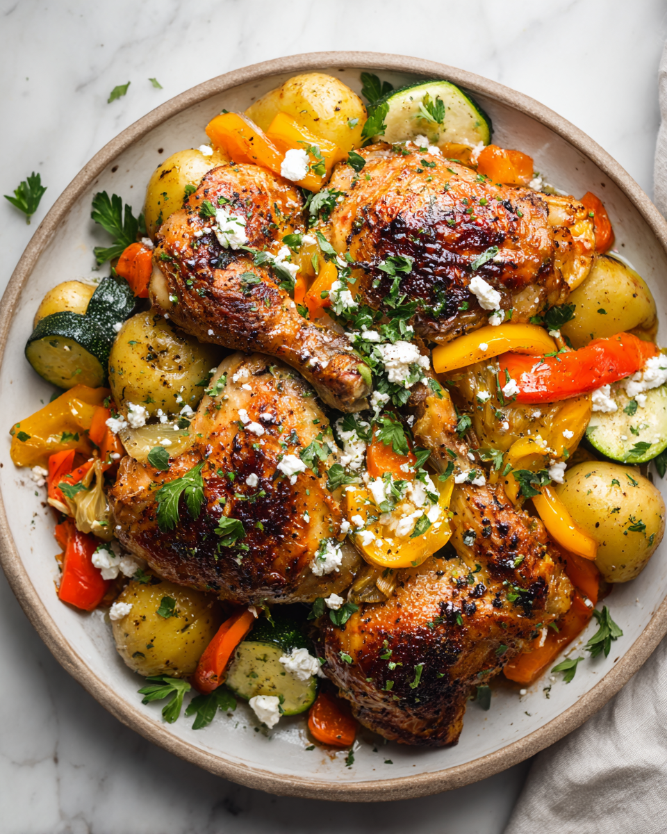 Pečené kuře se sezónním zeleninovým mixem a feta sýrem