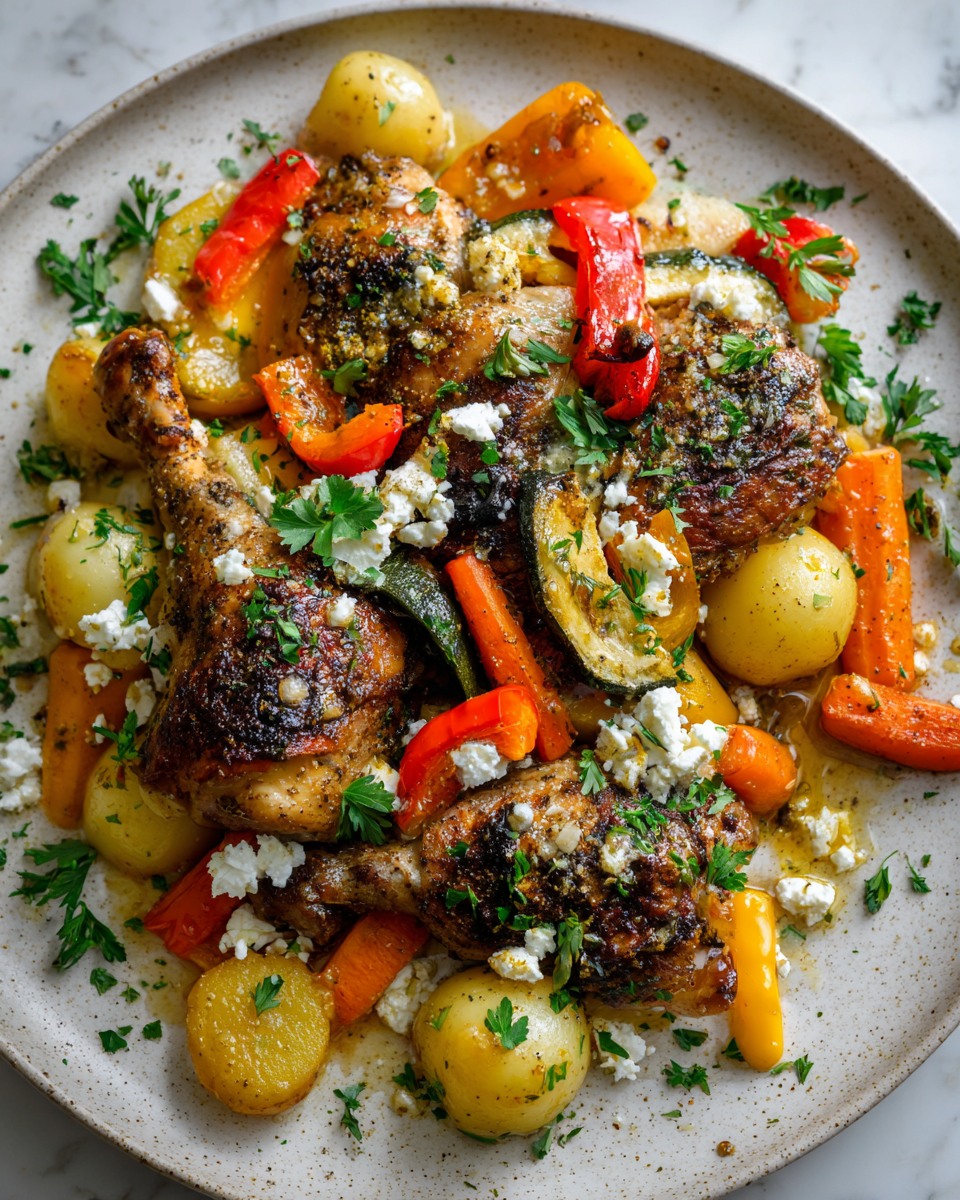 Pečené kuře se sezónním zeleninovým mixem a feta sýrem