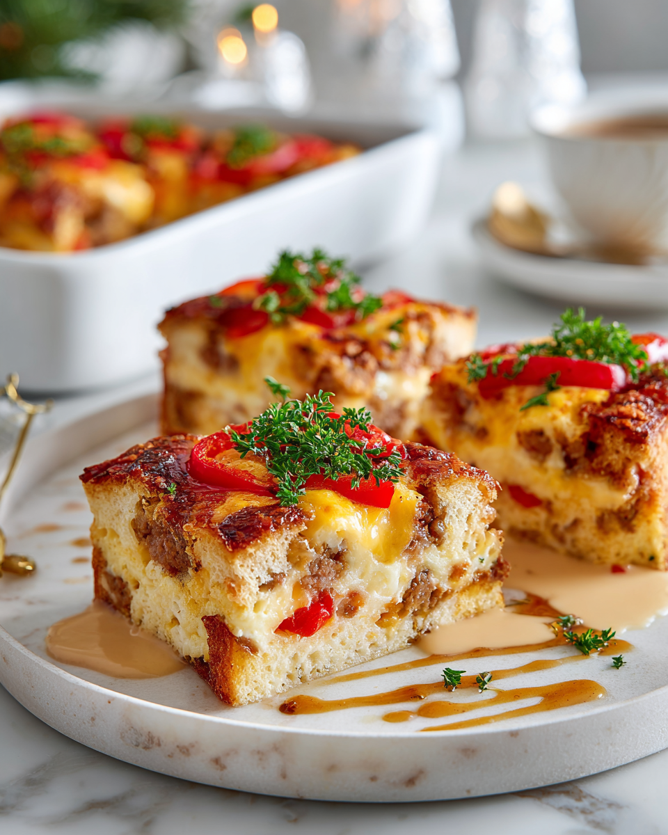 Sváteční vánoční snídaňový kastrol s vejci, sýrem a klobásou pro rodinnou snídani.