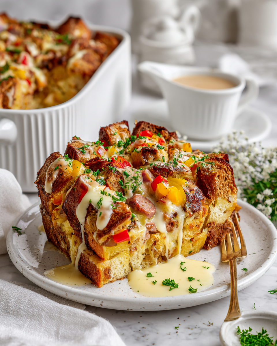 Sváteční vánoční snídaňový kastrol s vejci, sýrem a klobásou pro rodinnou snídani.