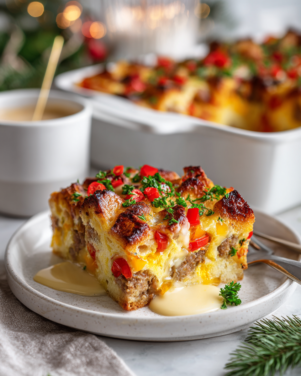 Sváteční vánoční snídaňový kastrol s vejci, sýrem a klobásou pro rodinnou snídani.